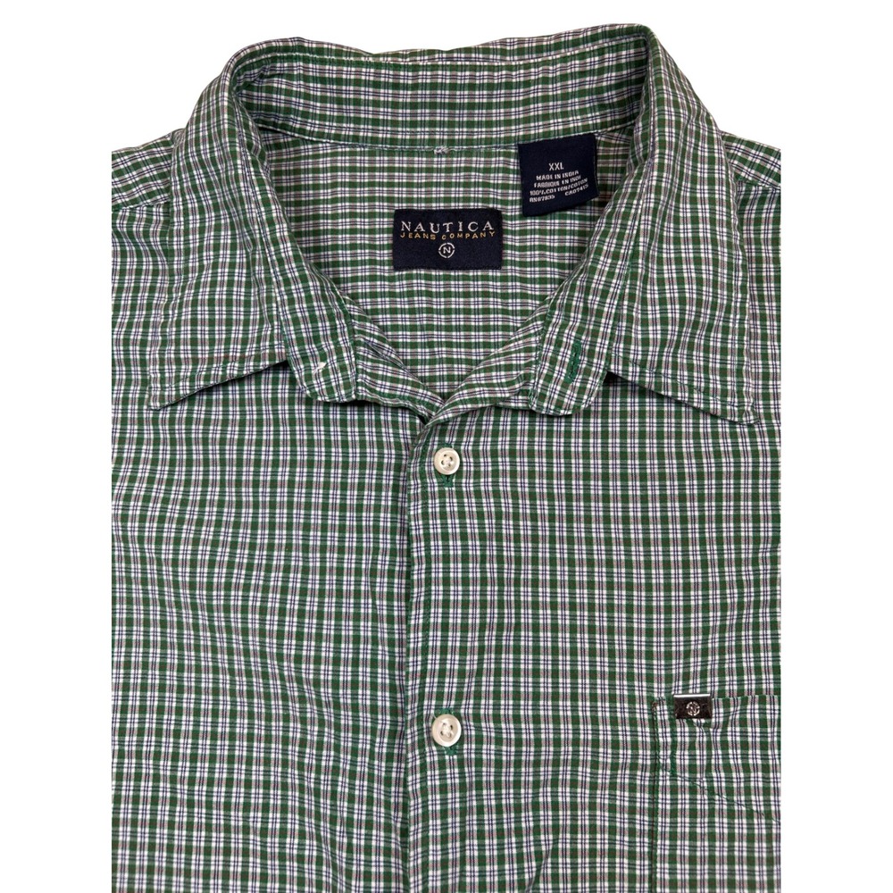 Nautica Jeans Company Mens XXL Green White Plaid Long‎ Sleeve Button Down Shirt